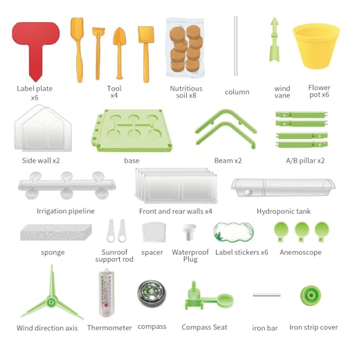 Kids Plant Growing Kit - Kids Greenhouse & Flower Growing Kit with Hydroponic Growing System, Thermometer,Wind Vane & Tools, Educational STEM Plant Growing Set