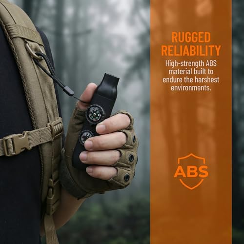 7-in-1 Emergency Survival Safety Whistle with Compass & Thermometer, High-Strength ABS Kids Whistle for Hiking, Camping, Boating, Kayaking, Loud Survival Gear with Lanyard & LED Signal Light