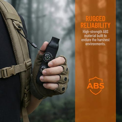 7-in-1 Emergency Survival Safety Whistle with Compass & Thermometer, High-Strength ABS Kids Whistle for Hiking, Camping, Boating, Kayaking, Loud Survival Gear with Lanyard & LED Signal Light