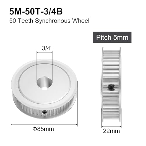 uxcell 5M-50T-3/4B Timing Belt Pulley 3/4" Bore, 50 Teeth Aluminum Alloy Synchronous Wheel with Keyway, Pitch 5mm Tooth for 15mm Width Belt