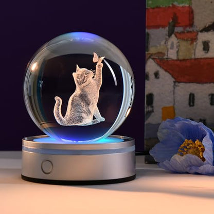 3D Cat Crystal Ball Gifts for Women 80mm Cat Themed Gifts for Girls - color: 3D Cat with Butterfly
