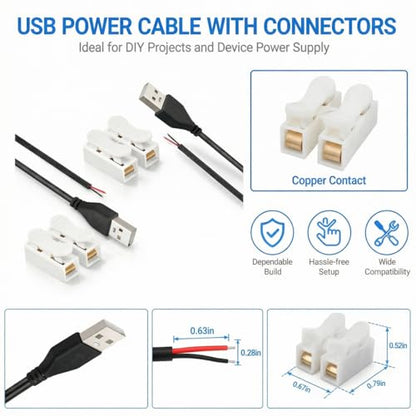 3.28ft Black USB Pigtail Cable 5-Pack with Wire Connectors - color: Black
