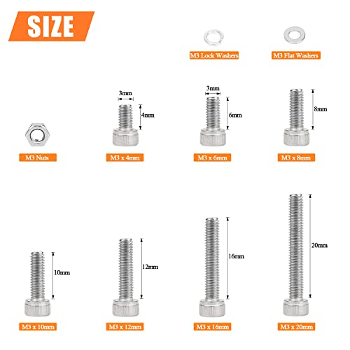 HELIFOUNER 560 Pieces M3 x 4mm /6mm /8mm /10mm /12mm /16mm /20mm, Hex Socket Head Cap Screws Bolts Washers Nuts Kit, 304 Stainless Steel - size: M3, style: Hex Socket Head Cap