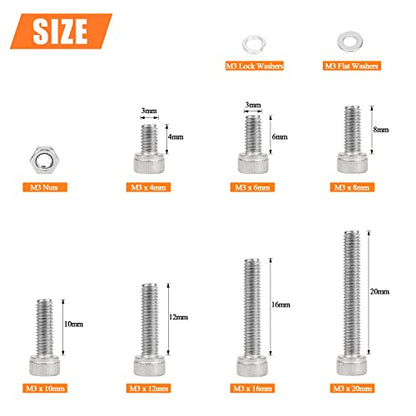HELIFOUNER 560 Pieces M3 x 4mm /6mm /8mm /10mm /12mm /16mm /20mm, Hex Socket Head Cap Screws Bolts Washers Nuts Kit, 304 Stainless Steel - size: M3, style: Hex Socket Head Cap