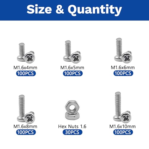 530Pcs 304 Stainless Steel Metric Micro Screws Nuts Assortment, M1.6x4/5/6/8/10mm Sizes, Phillips Pan Head, Fully Threaded Kit for Arduino, RC Models, Electronics, DIY Projects - size: M1.6x4/5/6/8/10- 530 Pcs