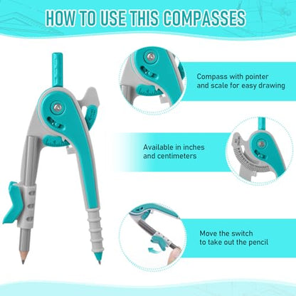 Eboot Student Geometry Math Set, Drawing Compass and 6 in, Turquoise - color: Turquoise