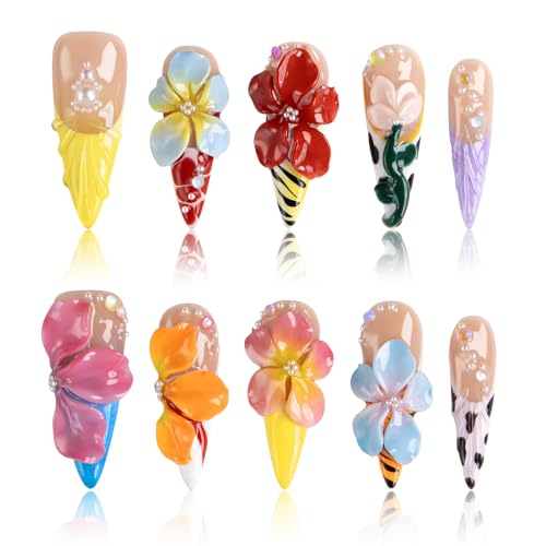 Reusable Handmade Press on Nails, 3D Flower Stiletto Nails with Pearls, Vibrant Tropical Blossom False Nails for Women, 10Pcs Kit with Nail Kit(M) - color: DHK, size: Medium