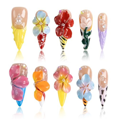 Reusable Handmade Press on Nails, 3D Flower Stiletto Nails with Pearls, Vibrant Tropical Blossom False Nails for Women, 10Pcs Kit with Nail Kit(M) - color: DHK, size: Medium