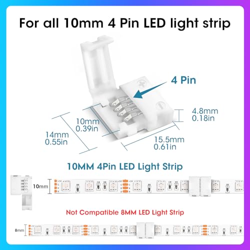 WENHSIN 10Packs 4-Pin RGB LED Light Strip Connectors 10mm Unwired Gapless Solderless Adapter Terminal Extension (Pack of 2) - size: 10MM-4PIN (Pack of 2)