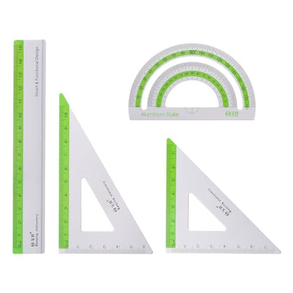 HARFINGTON 4pcs Geometry Set 15cm Metric Measure Ink Printing Aluminum Ruler Metal Ruler Set Triangle Protractor Ruler Tool Set for Classroom, Office, Home, Green - color: Green