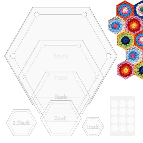 6pcs Hexagon Templates Quilting 1, 1.5, 2 3 4 5 Inch Quilting Templates for Cutting Patterns with 1/4 Inch Seam Allowance(Color:Clear)
