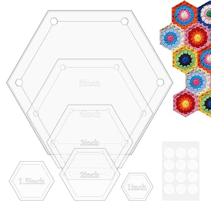 6pcs Hexagon Templates Quilting 1, 1.5, 2 3 4 5 Inch Quilting Templates for Cutting Patterns with 1/4 Inch Seam Allowance(Color:Clear)
