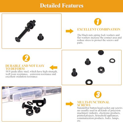 705 Pieces M2.5 Screws Nuts Washers Set Black, Sutemribor M2.5 x 4/6/8/10/12/16/20mm Button Head Socket Cap Screws Nuts Washers Assortment Kit, 10.9 Grade Alloy Steel, Fully Threaded - size: M2.5 x 4/6/8/10/12/16/20mm Kit, style: Button Head
