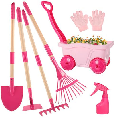 Duckura Kids Gardening Set with Wheelbarrow, Metal Garden Tools for Girls - color: Pink-8pcs
