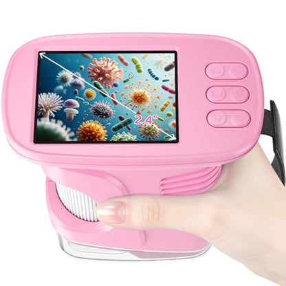 1000X Kids Handheld Microscope, 4K Digital Mini Pocket Digital Microscope with 2.4" IPS Screen, Built-in Camera & 12 Prepared Slides, STEM Educational Toy, Birthday Gift for Boys & Girls Ages 3–12 - color: Pink
