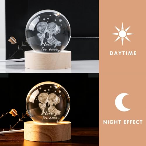 3D Engraved Couple Lover Crystal Ball, 2.4in 60mm Color‑Changing LED Night Light with Wooden Base, K9 Crystal Sphere, Romantic Gift for Her Him Anniversary Valentine’s Day - color: Clear-loving Couple