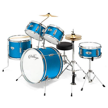 Ashthorpe 5-Piece Complete Kids Drum Set with Genuine Brass Cymbals - Junior Beginner Kit with 16" Bass, Throne, Hi-Hats, Pedals & Drumsticks - Blue - color: Blue