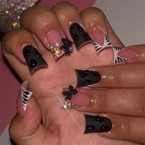 Duck Press on Nails Black Fake Nails French Tip False Nails Press on with 3D Texture and Bow Charm Design Acrylic Nails Glossy Duck Glue on Nail 24Pcs Artificial Manicure for Women - color: Style-A15