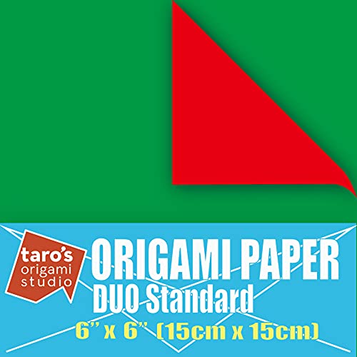 [Taro's Origami Studio] Duo Red/Green (Diffrent Colors On Each Side) Double Sided Standard 6 Inch (15 cm) Kami Paper with Color Change Patterns, 50 Sheets (Made in Japan) - color: Red/Green