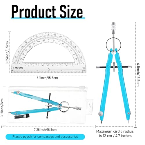 EBOOT Math Geometry Set Metal Compass 6" Clear Protractor, Sky Blue - color: Sky Blue