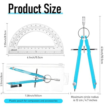 EBOOT Math Geometry Set Metal Compass 6" Clear Protractor, Sky Blue - color: Sky Blue