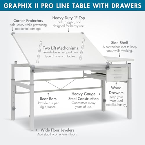 Studio Designs Graphix II Pro Line Split Top Height Adjustable Drafting, Drawing Table with 39.5" x 30" Tilting Top,White - size: 53.75 In. Wide (Drawers)
