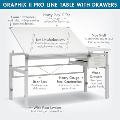 Studio Designs Graphix II Pro Line Split Top Height Adjustable Drafting, Drawing Table with 39.5" x 30" Tilting Top,White - size: 53.75 In. Wide (Drawers)