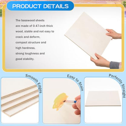 AWIZOM 4 Pack Basswood Sheets for Crafts 12x12x1/2 Inch-12mm Thick Unfinished Plywood Sheets Wood Square Boards for DIY Projects, Painting, Engraving, Wooden Burning, Laser Projects, Model Making