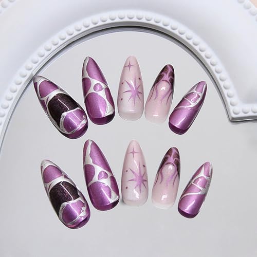Purple Cat Eye Press on Nails Almond Shape Length Fake Nails Glossy Ombre False Nails with 3D Metal Irregular Lines Designs Acrylic Nail Press Ons Full Cover Glue on Nails for Women 24Pcs - color: Style16