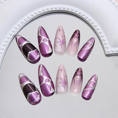 Purple Cat Eye Press on Nails Almond Shape Length Fake Nails Glossy Ombre False Nails with 3D Metal Irregular Lines Designs Acrylic Nail Press Ons Full Cover Glue on Nails for Women 24Pcs - color: Style16