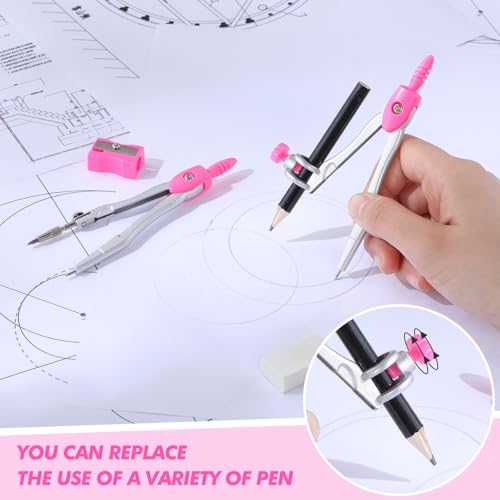 Zonon 10 Pcs Math Geometry Set for Student Compass Protractor, Pink - color: Pink