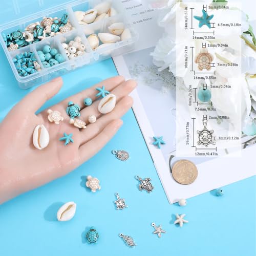 SUNNYCLUE 1 Box 12 Styles Turtle Beads Boho Style Starfish Beads Bulk Blue White Synthetic Turquoise Sea Turtles Charms Hawaii Shell Round Loose Spacers for Jewelry Making Beading Kits - color: Boho Styles Beads Kit-1