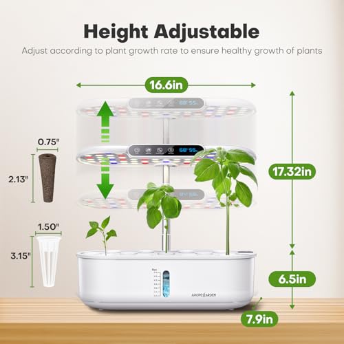 Ahopegarden Hydroponics Growing System with 12 Pods, Indoor Garden Kit with LED Grow Light & LCD Temp Humidity Display, Smart Quiet Pump Planter for Herbs, Lettuce, Vegetables, Kitchen Garden Use