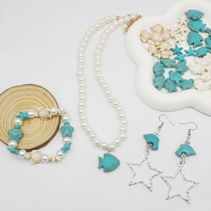 Julie Wang 55PCS Man-made Turquoise Beads Blue White Starfish Turtle Dolphin Fish Ocean Charms for Jewelry Making Summer Beach Beads Sea Pendants Necklace Earring Bracelet Craft DIY Supplies - color: Style A-55PCS