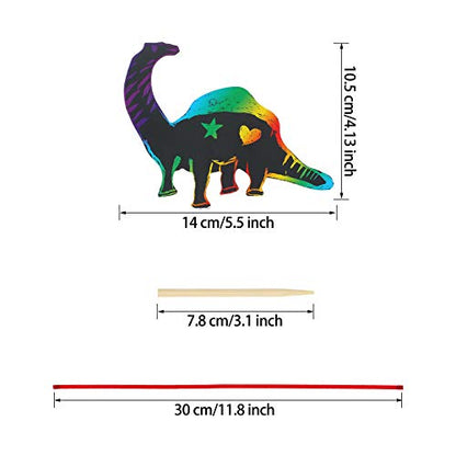 Outus 120pcs Scratch Dinosaur Craft Art Kits for Kids with 48 Scratch Dinosaur Paper24 Wooden Styluses and 48 Ribbons for Theme Birthday Party Game Supplies - size: Medium