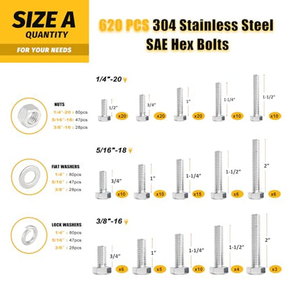 KADRICK 1240PCS Stainless Steel Hex Bolt Assortment Kit,SAE & Metric Set - size: 1240Pcs Stainless SAE & Metric HEX