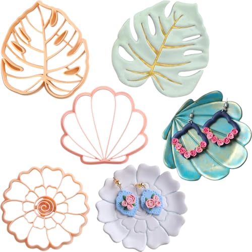 Trinket Cutter Set for Polymer Clay Display & Jewelry Styling – Monstera, Shell & Flower Shapes | MOSHEFL-TRI - color: Monstera+Shell+Flower