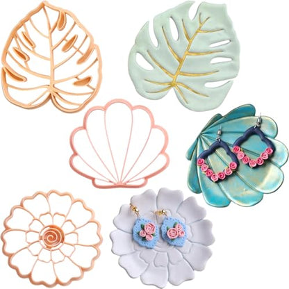 Trinket Cutter Set for Polymer Clay Display & Jewelry Styling – Monstera, Shell & Flower Shapes | MOSHEFL-TRI - color: Monstera+Shell+Flower