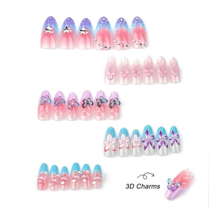 Purple Press on Nails Almond Short Gradient Press on False Nails 3D Flowers and Butterfly Sparkly Rhinestones Stick on Nail for Women 24pcs - color: Color43