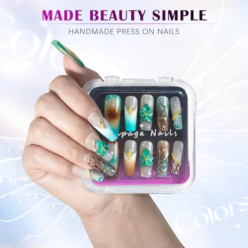 Handmade Square Coffin Press on Nails – Ocean Ombre Blue Bronze Nails with 3D Carved Flower & Gold Foil, Reusable Glossy Stick on Fake Nails, 10pcs Acrylic Nail Set with Tool Kit (Size M) - color: 01, size: Medium