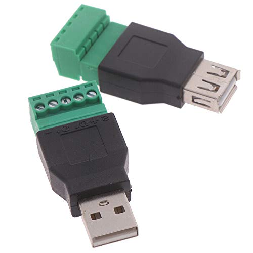 VizGiz 2 Pack USB 2.0 Plug Replacement 5Pin Solderless Screw On Type USB Terminal Block Connector Male and Female Socket Jack Adapter for LED Strip Lights USB Charging Projects Camera Electronics Test