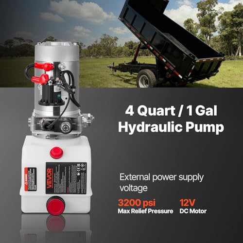VEVOR 4 Quart Hydraulic Power Unit, Single Acting Dump Trailer Pump, 3200 PSI Max Relief Pressure & 0.91 GPM Flow Rate, DC 12V Hydraulic Pump with Metal Reservoir for Dump Trailer Car Lifting - size: 4 Quart (Plastic), style: Single Acting