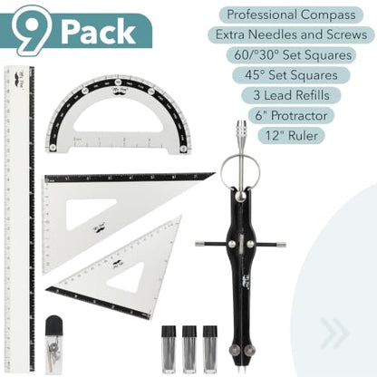 Mr. Pen- Metal Geometry Set, 9 pcs, Compass, 6" Protractor, 12" Ruler