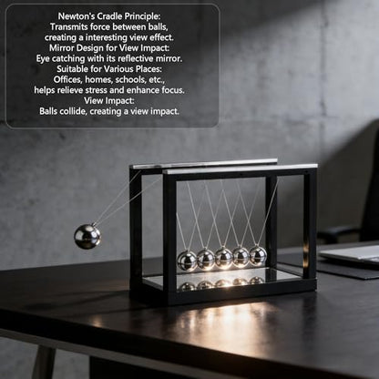 Newtons Cradle with 5 Stainless Steel Balls & Mirror Base - Classic Physics Pendulum Swing Balance Ball, Science Desk Decor for Office Home Decoration, Stress Relief Gift