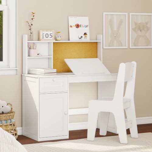 Kids Desk and Chair Set with 0-105° Tiltable Desktop for Ages 5-12, White - color: White, size: with Lift Up Hinge