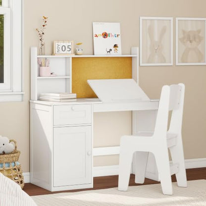 Kids Desk and Chair Set with 0-105° Tiltable Desktop for Ages 5-12, White - color: White, size: with Lift Up Hinge