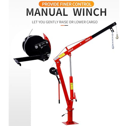 Truck Crane Truck Bed Hoist with Hand Winch Pickup Jib Crane 2000 lbs Capacity Hydraulic Extendable Boom 360° Pivot Red - color: Red