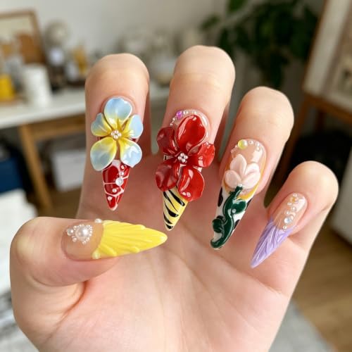 Reusable Handmade Press on Nails, 3D Flower Stiletto Nails with Pearls, Vibrant Tropical Blossom False Nails for Women, 10Pcs Kit with Nail Kit(M) - color: DHK, size: Medium