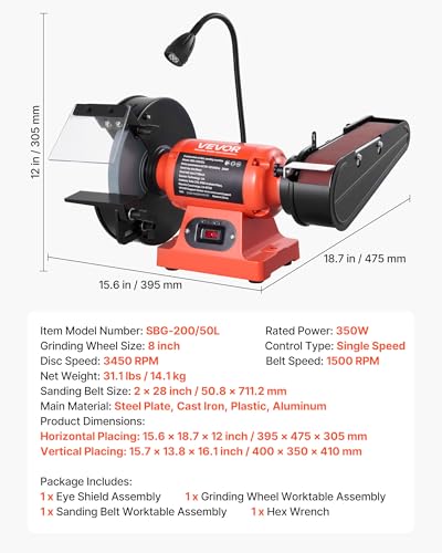 VEVOR 8" Bench Grinder & 2" x 28" Belt Sander Combo, 350W Professional Grinding Sanding Machine with LED Work Light & Protective Eye Shield for Metalworking, Woodworking, Knife Sharpening - size: 8" Grinder & 2" x 28" Belt Sander Combo