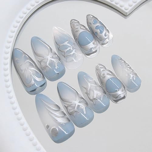 Light Blue Ombre Press on Nails Medium Almond Fake Nails Full Cover heart Acrylic False Nails with 3D Swirl Designs Glue on Nails Almond Shape Nail Press ons Stick on Nail for Women 24Pcs - color: Style15